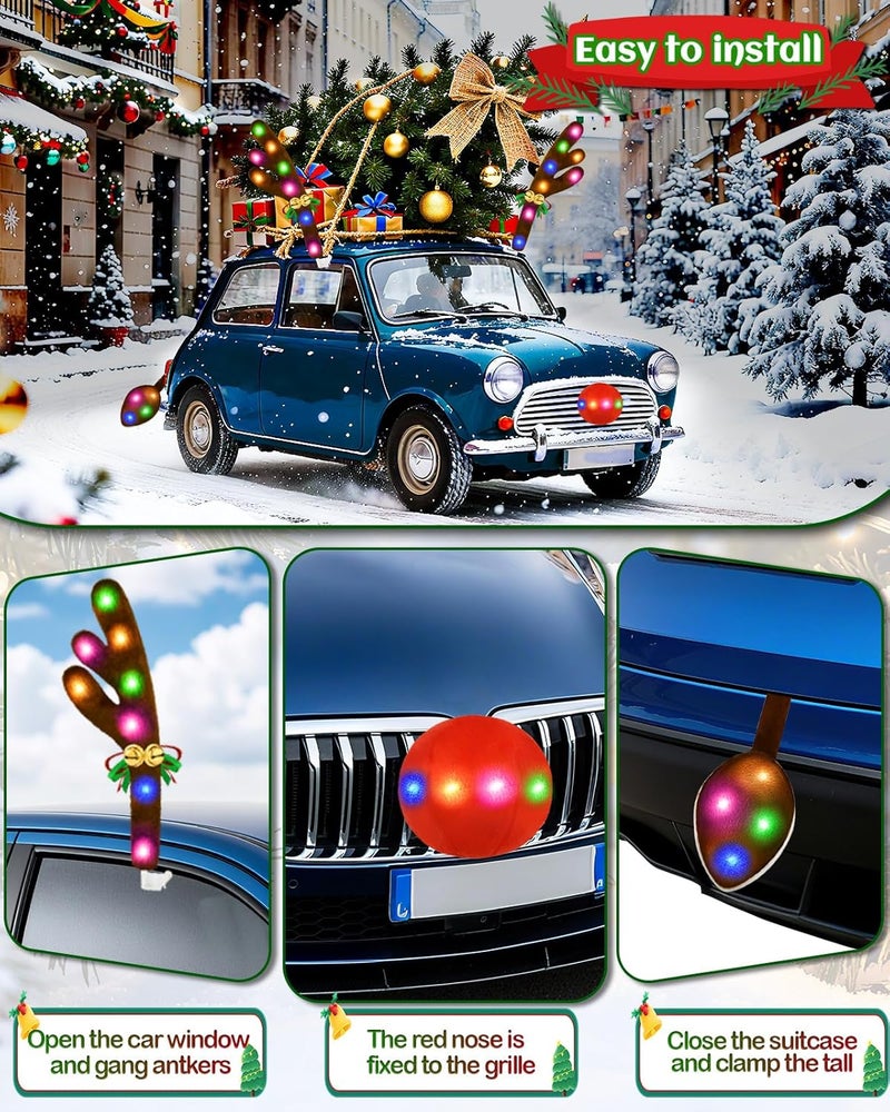 Dergo Christmas Reindeer Antlers Car Decoration Kit 2025, LED Lights Nose Vehicle with Jingle Bells Rudolph, Cute Costume Auto Holiday Accessories for SUV Van Truck Decor Multicolor - Image 4